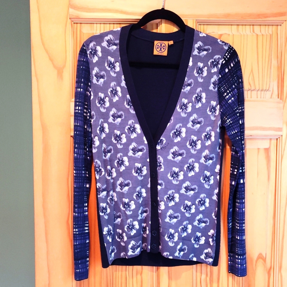 Tory Burch Slim Floral Wool Cardigan Mixed Floral Plaid Print Navy S M